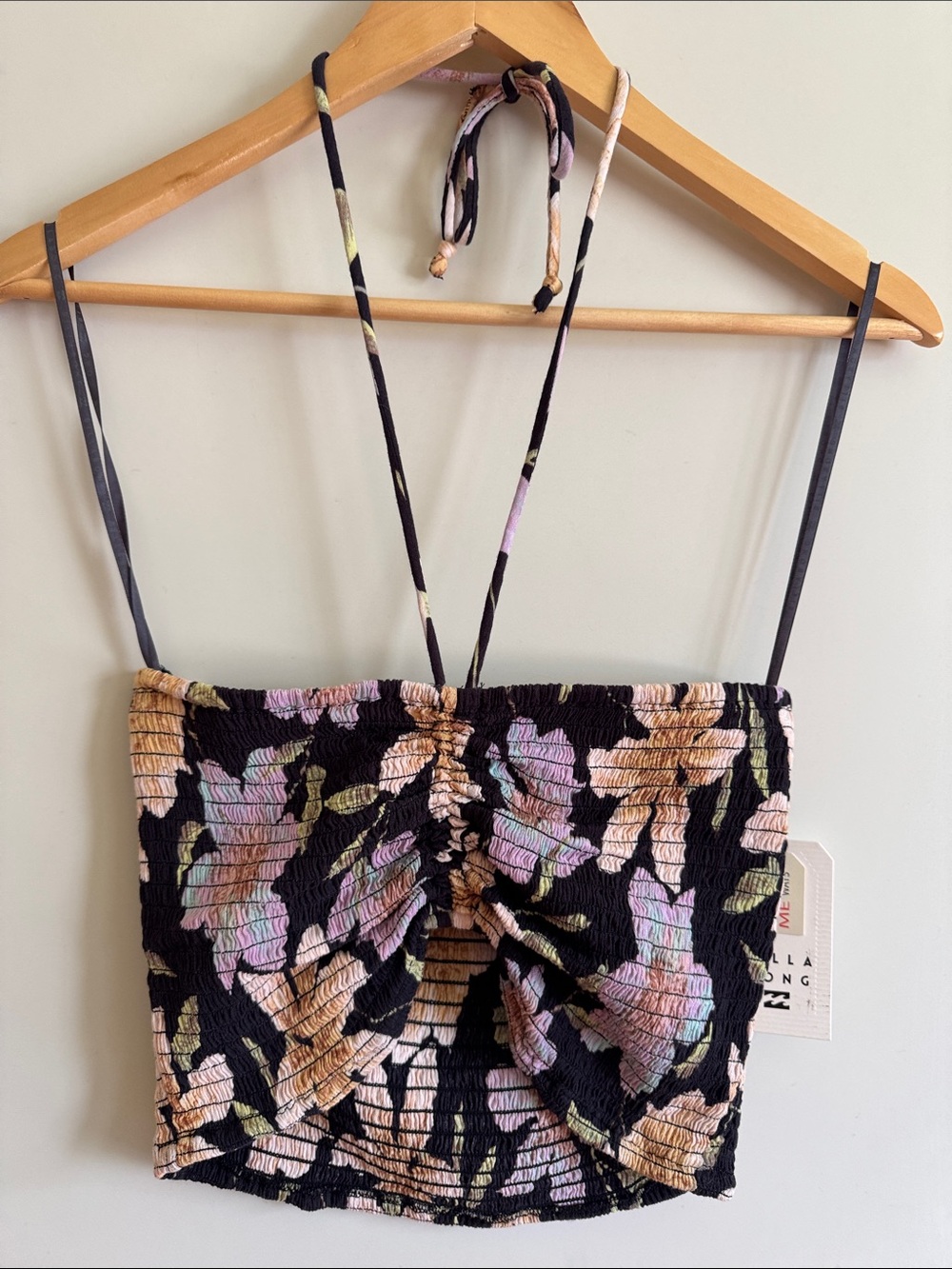 Billabong Black Floral Smocked Cropped Cami Tropical print tube top New